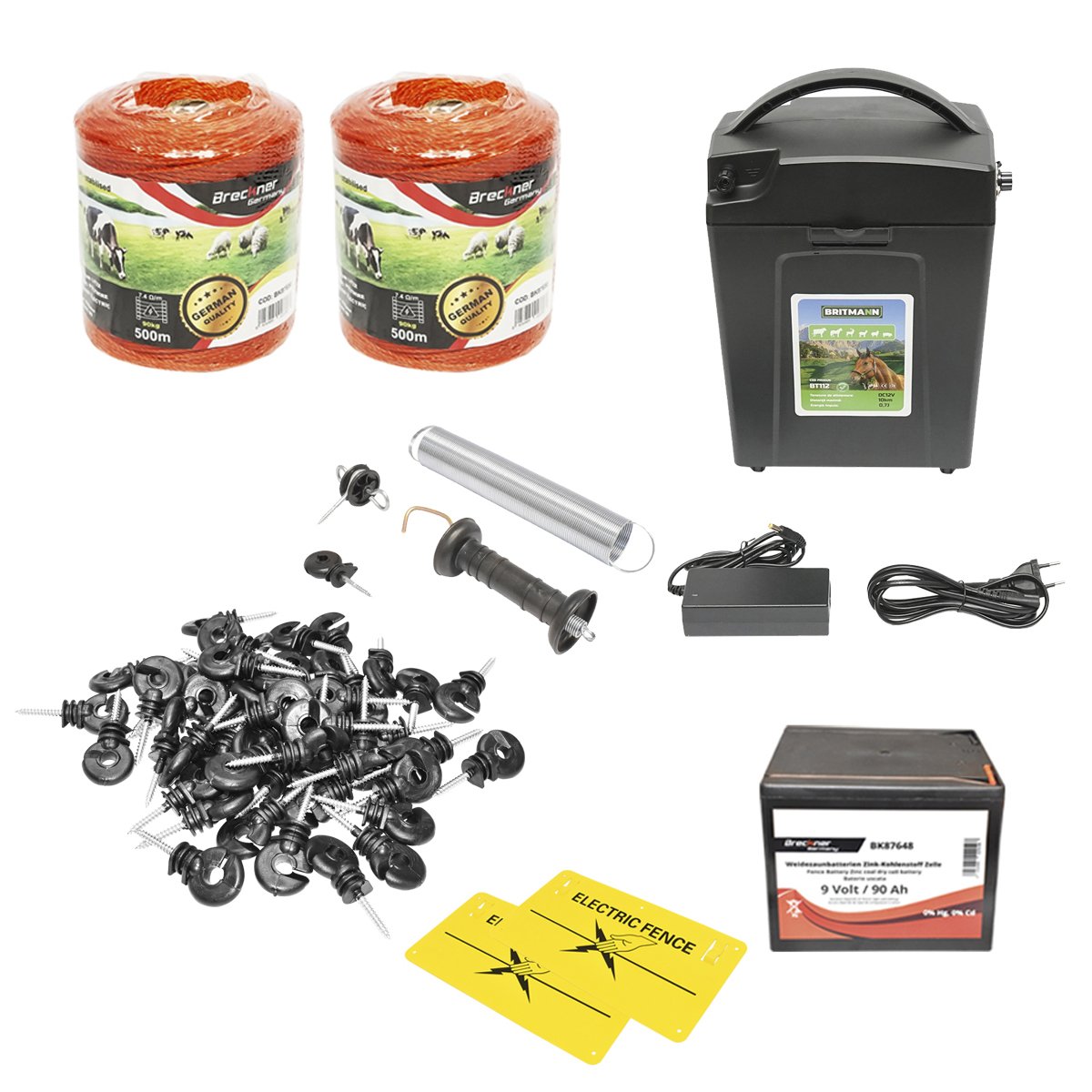 Kit complet gard electric 9/12V 0,7 Joule, lungime fir 1000m, 100 izolatori, 2 manere poarta, 2 placute de avertizare si baterie uscata (nereincarcabila) 9V/90Ah Breckner Germany